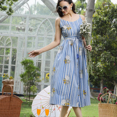 Stylum Women's Blue Striped & Floral Printed Cotton Dress (DRSBLUEAND)