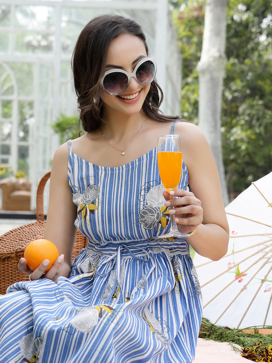 Stylum Women's Blue Striped & Floral Printed Cotton Dress (DRSBLUEAND)