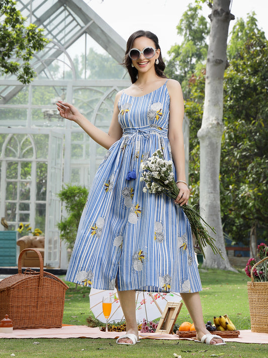 Stylum Women's Blue Striped & Floral Printed Cotton Dress (DRSBLUEAND)