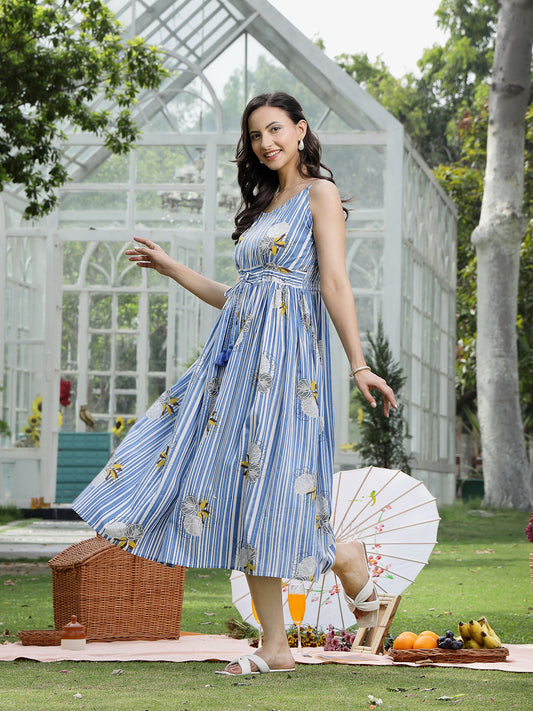 Stylum Women's Blue Striped & Floral Printed Cotton Dress (DRSBLUEAND)