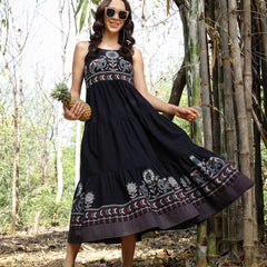 Stylum Women's Blue Ethnic Printed Cotton Flax Tiered Dress (DRSBLUEBAMBU)