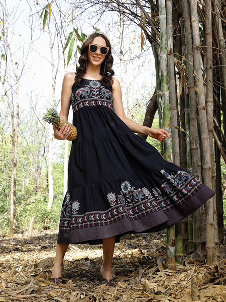 Stylum Women's Blue Ethnic Printed Cotton Flax Tiered Dress (DRSBLUEBAMBU)