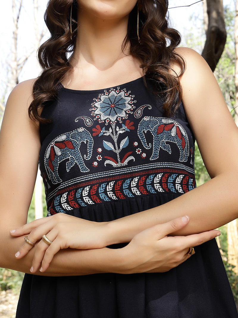 Stylum Women's Blue Ethnic Printed Cotton Flax Tiered Dress (DRSBLUEBAMBU)