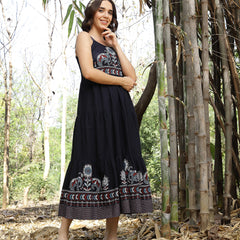 Stylum Women's Blue Ethnic Printed Cotton Flax Tiered Dress (DRSBLUEBAMBU)