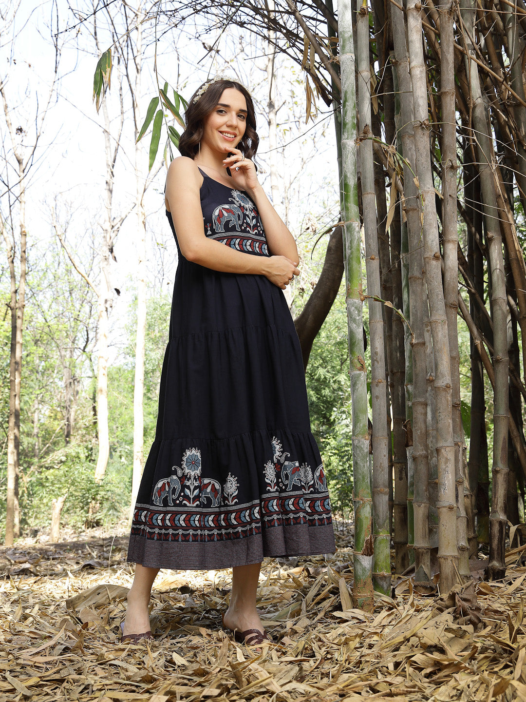 Stylum Women's Blue Ethnic Printed Cotton Flax Tiered Dress (DRSBLUEBAMBU)