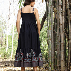 Stylum Women's Blue Ethnic Printed Cotton Flax Tiered Dress (DRSBLUEBAMBU)