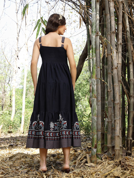 Stylum Women's Blue Ethnic Printed Cotton Flax Tiered Dress (DRSBLUEBAMBU)