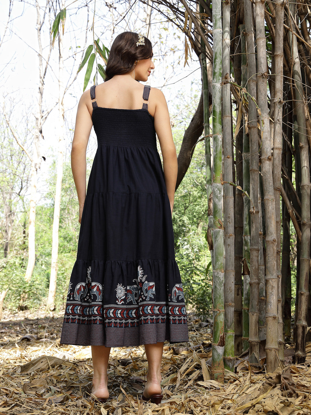 Stylum Women's Blue Ethnic Printed Cotton Flax Tiered Dress (DRSBLUEBAMBU)
