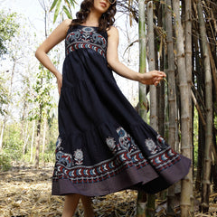 Stylum Women's Blue Ethnic Printed Cotton Flax Tiered Dress (DRSBLUEBAMBU)