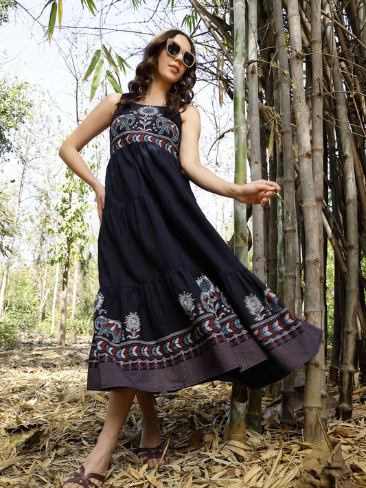 Stylum Women's Blue Ethnic Printed Cotton Flax Tiered Dress (DRSBLUEBAMBU)