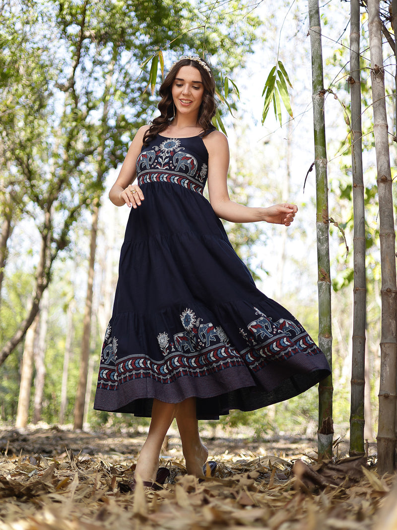 Stylum Women's Blue Ethnic Printed Cotton Flax Tiered Dress (DRSBLUEBAMBU)