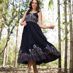 Stylum Women's Blue Ethnic Printed Cotton Flax Tiered Dress (DRSBLUEBAMBU)