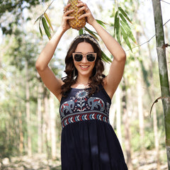 Stylum Women's Blue Ethnic Printed Cotton Flax Tiered Dress (DRSBLUEBAMBU)