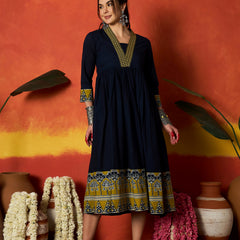 Stylum Women's Blue Solid & Embroidered Pure Cotton A-Line Dress (DRSBLUECARMAL)