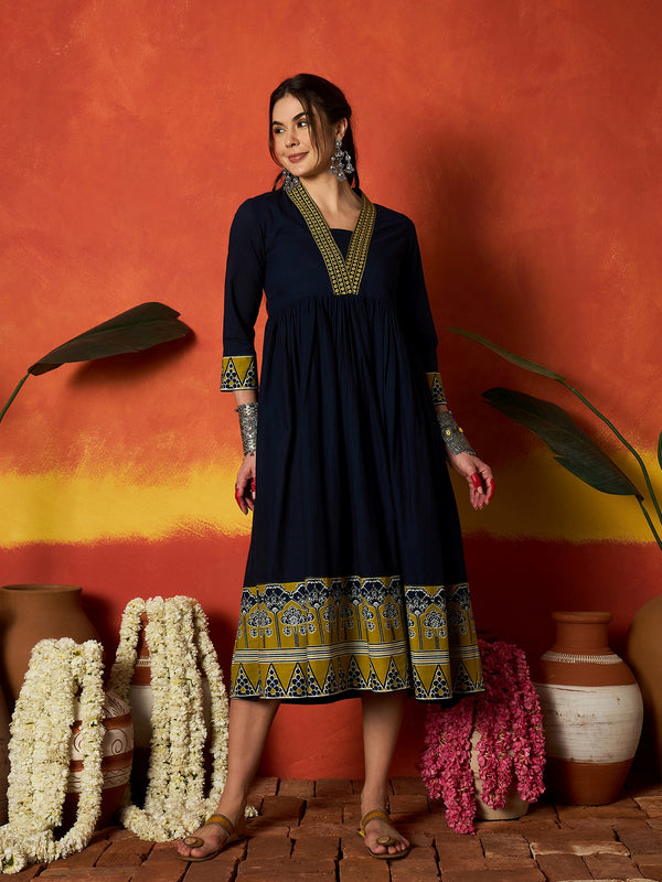 Stylum Women's Blue Solid & Embroidered Pure Cotton A-Line Dress (DRSBLUECARMAL)