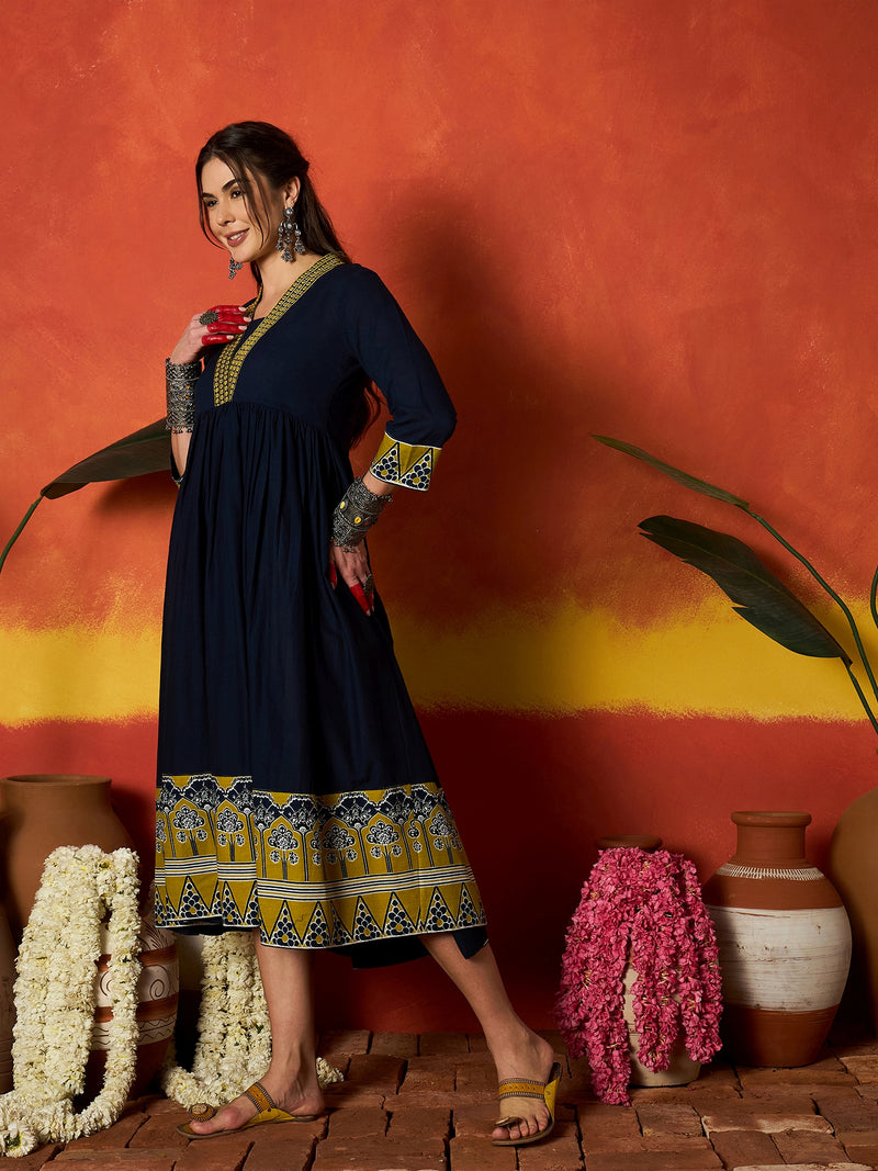 Stylum Women's Blue Solid & Embroidered Pure Cotton A-Line Dress (DRSBLUECARMAL)