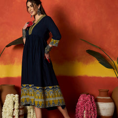 Stylum Women's Blue Solid & Embroidered Pure Cotton A-Line Dress (DRSBLUECARMAL)