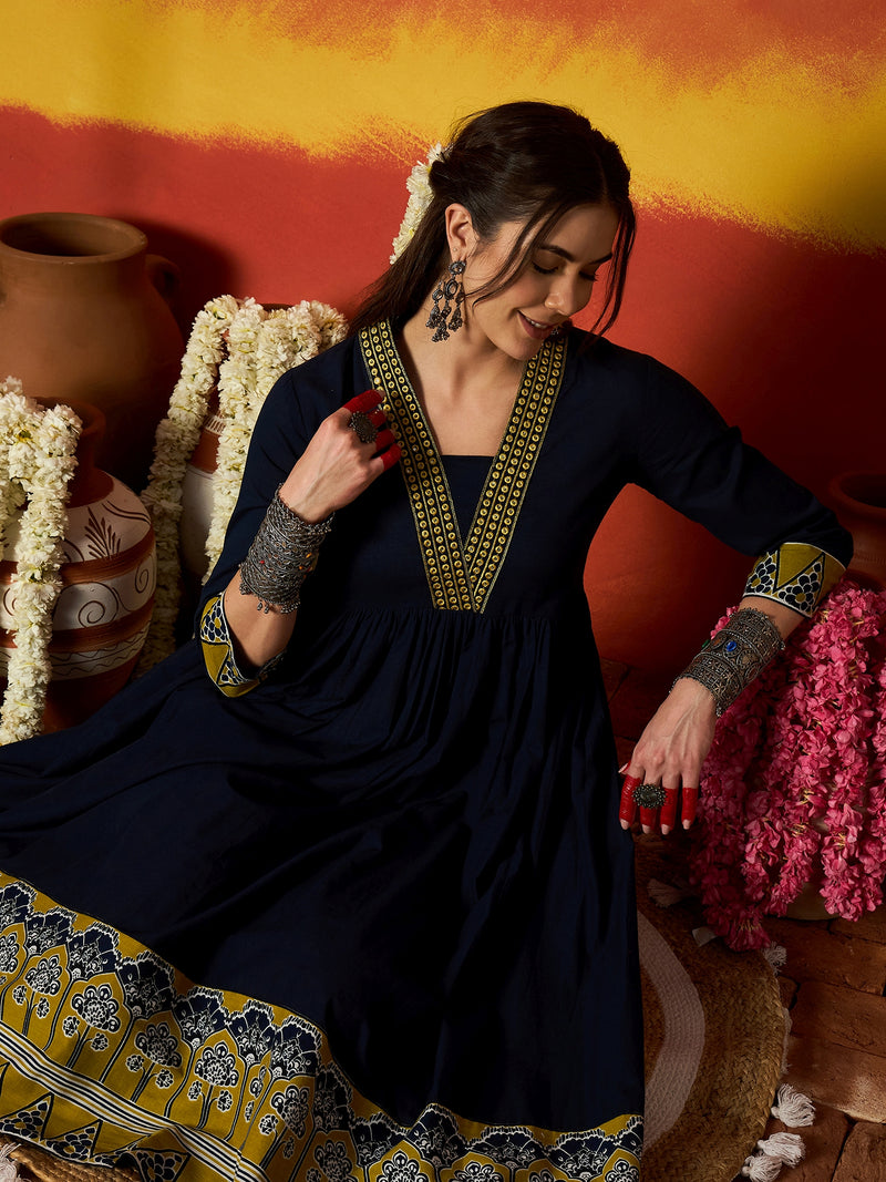 Stylum Women's Blue Solid & Embroidered Pure Cotton A-Line Dress (DRSBLUECARMAL)