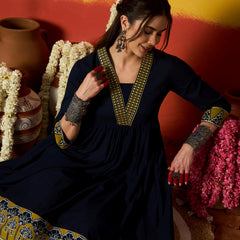 Stylum Women's Blue Solid & Embroidered Pure Cotton A-Line Dress (DRSBLUECARMAL)