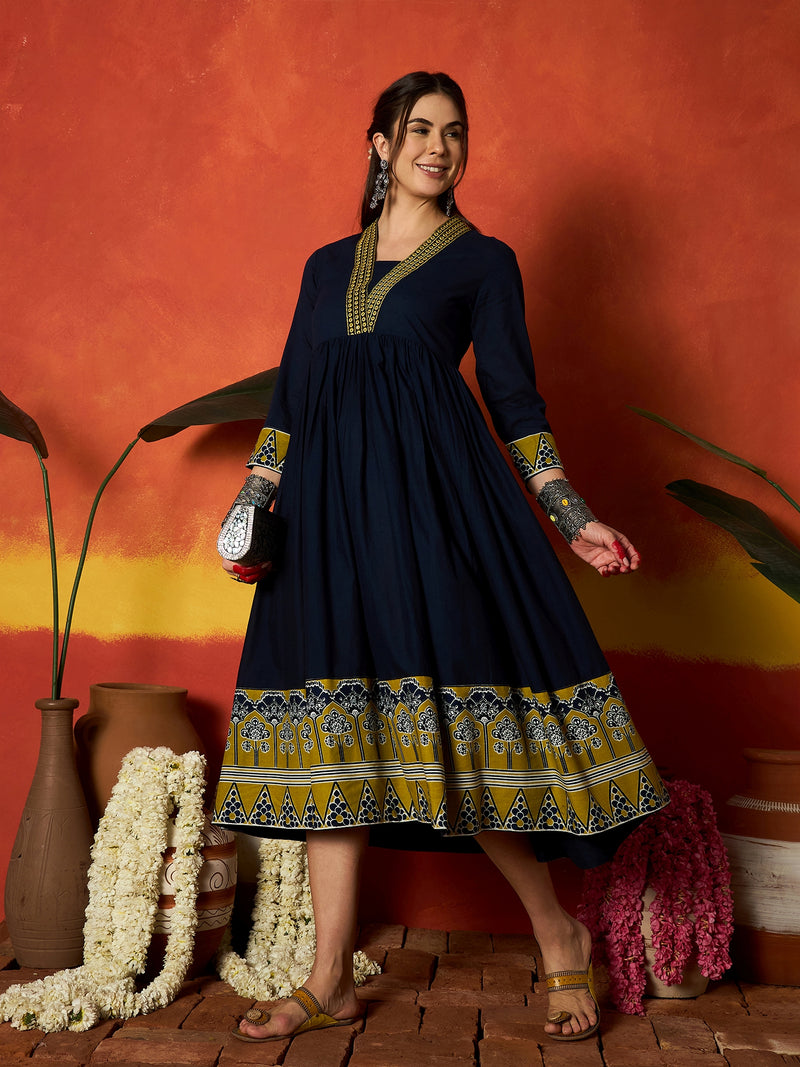 Stylum Women's Blue Solid & Embroidered Pure Cotton A-Line Dress (DRSBLUECARMAL)