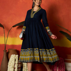 Stylum Women's Blue Solid & Embroidered Pure Cotton A-Line Dress (DRSBLUECARMAL)