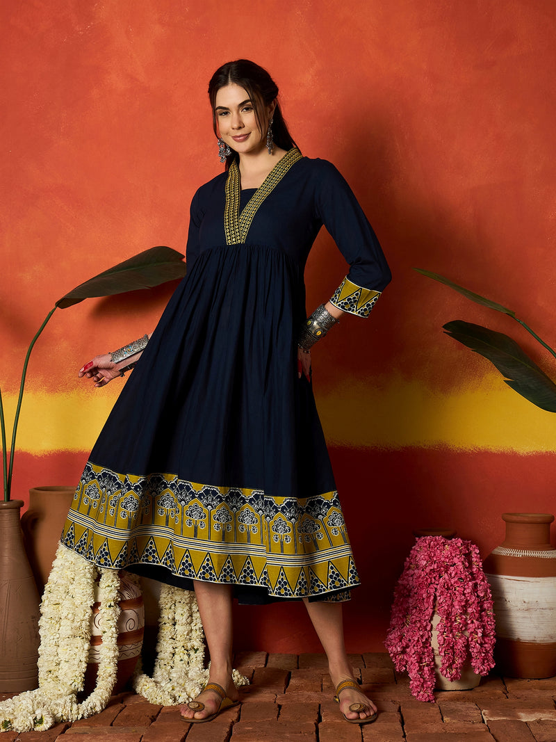 Stylum Women's Blue Solid & Embroidered Pure Cotton A-Line Dress (DRSBLUECARMAL)