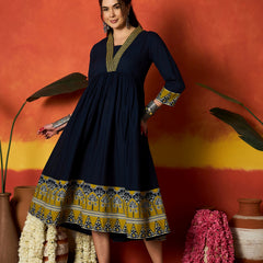Stylum Women's Blue Solid & Embroidered Pure Cotton A-Line Dress (DRSBLUECARMAL)