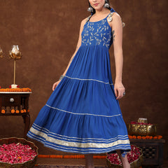 Stylum Women's Blue Solid & Embroidered Rayon Strappy Tiered Dress (DRSBLUECHEESE)