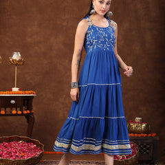 Stylum Women's Blue Solid & Embroidered Rayon Strappy Tiered Dress (DRSBLUECHEESE)