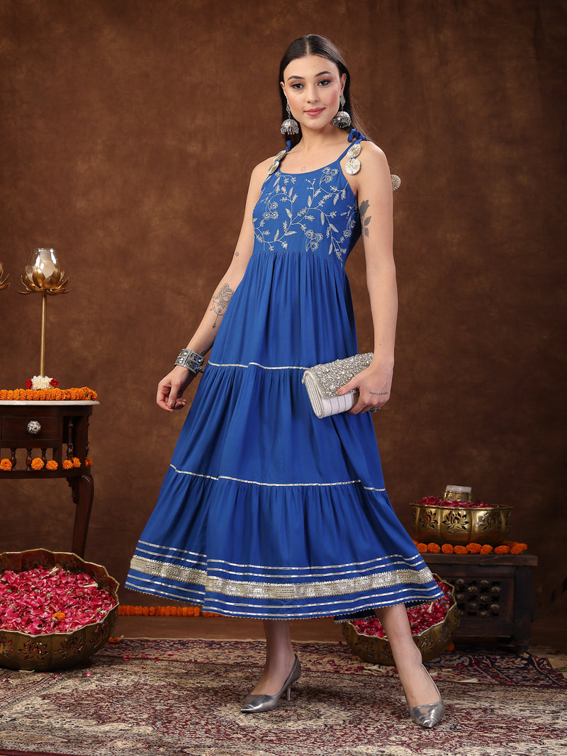Stylum Women's Blue Solid & Embroidered Rayon Strappy Tiered Dress (DRSBLUECHEESE)