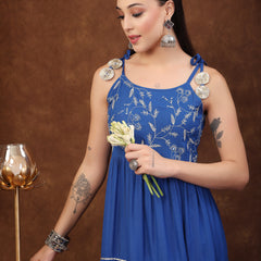 Stylum Women's Blue Solid & Embroidered Rayon Strappy Tiered Dress (DRSBLUECHEESE)