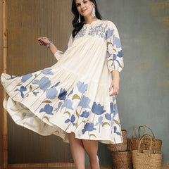 Stylum Women's Blue Floral Printed & Embroidered Cotton Tiered Dress (DRSBLUEDARIYA)