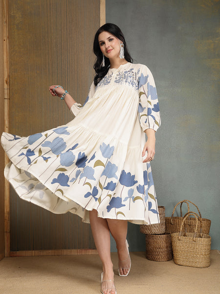 Stylum Women's Blue Floral Printed & Embroidered Cotton Tiered Dress (DRSBLUEDARIYA)
