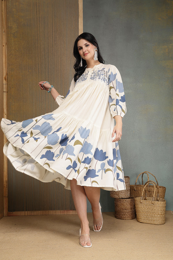 Stylum Women's Blue Floral Printed & Embroidered Cotton Tiered Dress (DRSBLUEDARIYA)