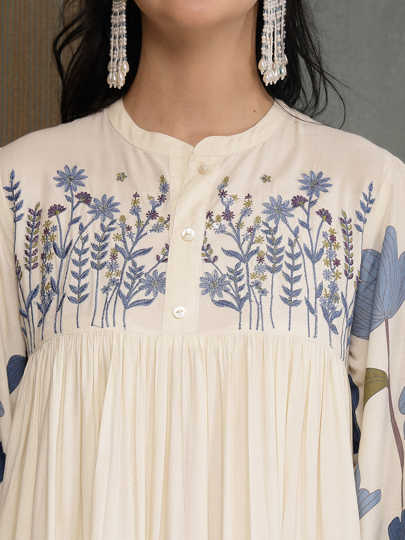 Stylum Women's Blue Floral Printed & Embroidered Cotton Tiered Dress (DRSBLUEDARIYA)