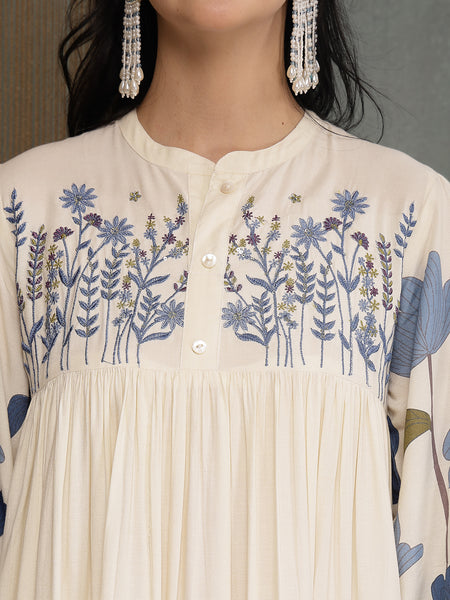 Stylum Women's Blue Floral Printed & Embroidered Cotton Tiered Dress (DRSBLUEDARIYA)
