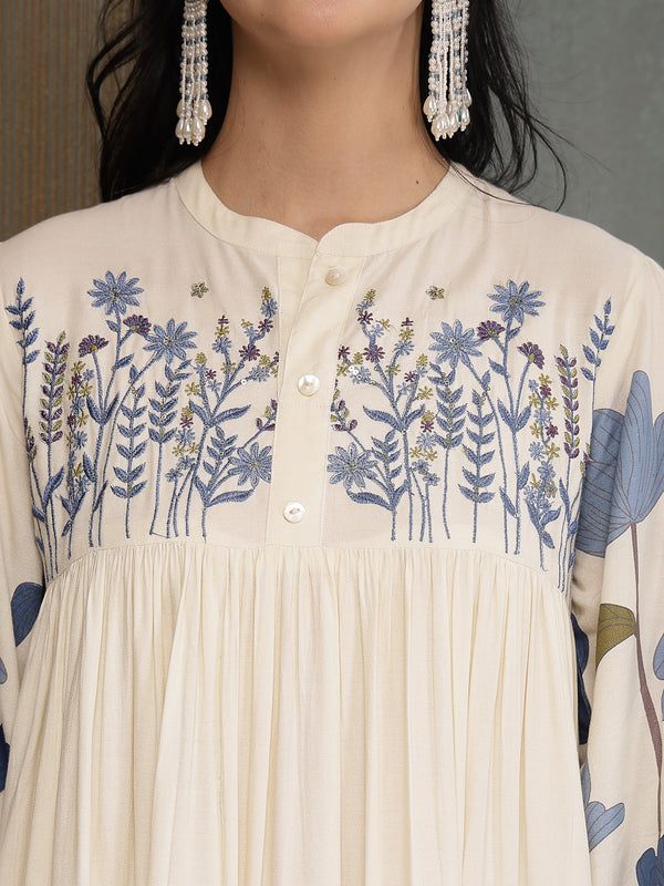 Stylum Women's Blue Floral Printed & Embroidered Cotton Tiered Dress (DRSBLUEDARIYA)