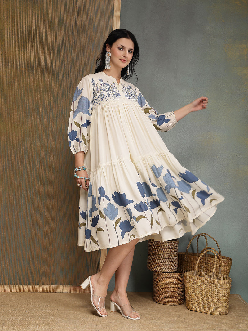 Stylum Women's Blue Floral Printed & Embroidered Cotton Tiered Dress (DRSBLUEDARIYA)
