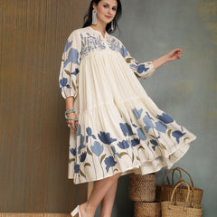 Stylum Women's Blue Floral Printed & Embroidered Cotton Tiered Dress (DRSBLUEDARIYA)