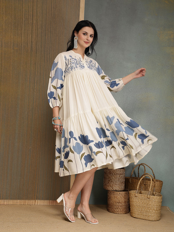 Stylum Women's Blue Floral Printed & Embroidered Cotton Tiered Dress (DRSBLUEDARIYA)