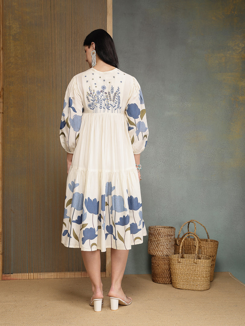 Stylum Women's Blue Floral Printed & Embroidered Cotton Tiered Dress (DRSBLUEDARIYA)