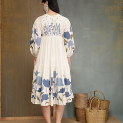 Stylum Women's Blue Floral Printed & Embroidered Cotton Tiered Dress (DRSBLUEDARIYA)