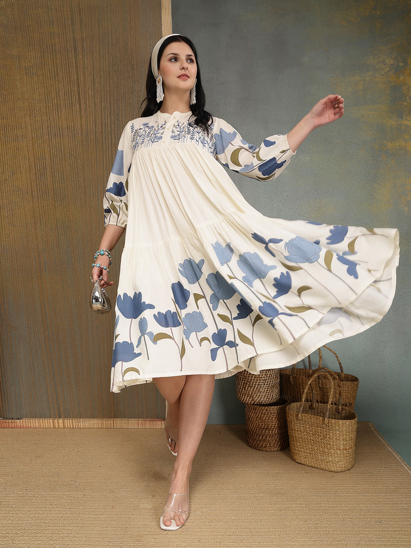 Stylum Women's Blue Floral Printed & Embroidered Cotton Tiered Dress (DRSBLUEDARIYA)