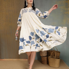 Stylum Women's Blue Floral Printed & Embroidered Cotton Tiered Dress (DRSBLUEDARIYA)