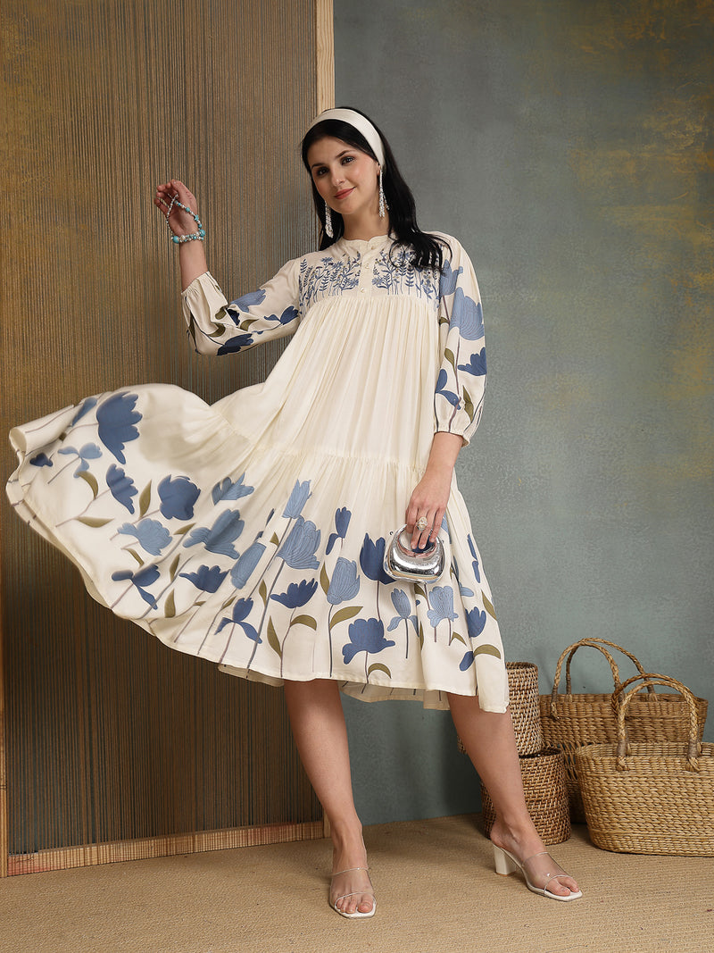 Stylum Women's Blue Floral Printed & Embroidered Cotton Tiered Dress (DRSBLUEDARIYA)