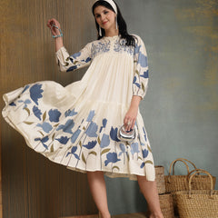 Stylum Women's Blue Floral Printed & Embroidered Cotton Tiered Dress (DRSBLUEDARIYA)