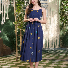 Stylum Women's Blue Embroidered Cotton A-Line Dress (DRSBLUEDILLI)
