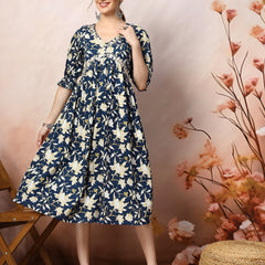 Stylum Women's Blue Floral Printed Cotton Pleated Dress (DRSBLUEDRUM)