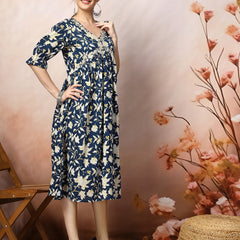 Stylum Women's Blue Floral Printed Cotton Pleated Dress (DRSBLUEDRUM)