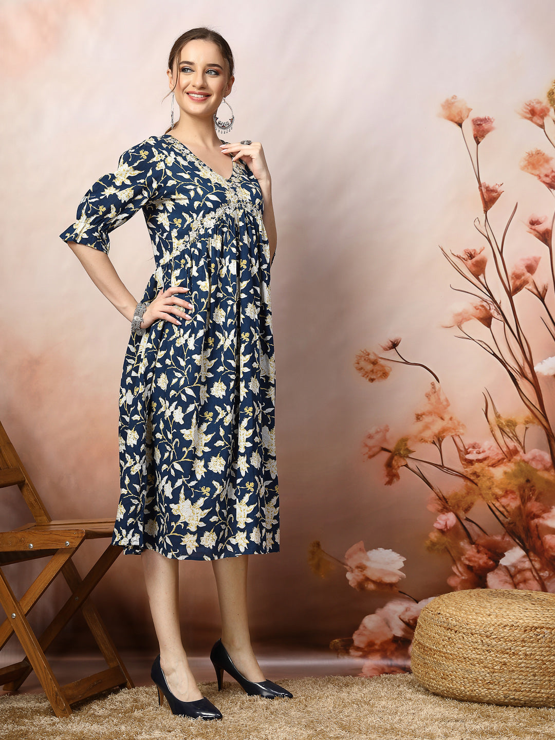 Stylum Women's Blue Floral Printed Cotton Pleated Dress (DRSBLUEDRUM)